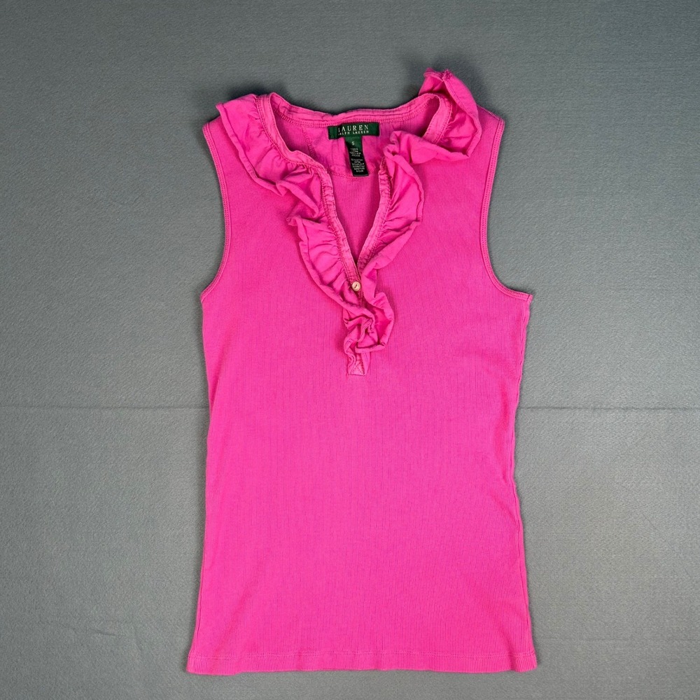 Lauren Ralph Lauren Y2K Tank Top Ribbed Ruffle Hot Pink Women's Small Preppy - Picture 2 of 8